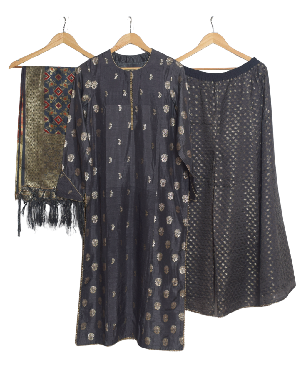 Charcoal Grey Banarasi Kurta & Pant Set with Dupatta