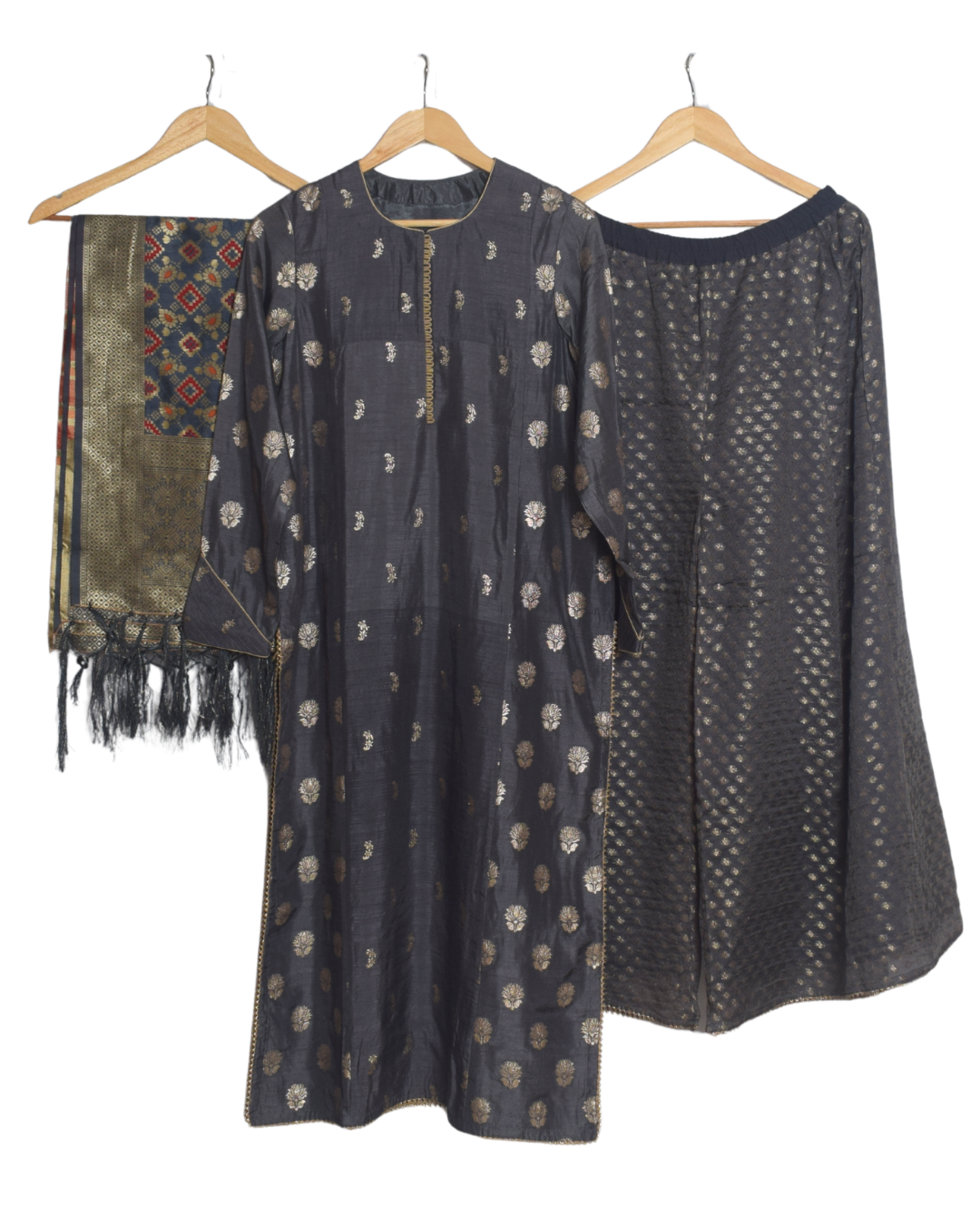 Charcoal Grey Banarasi Kurta & Pant Set with Dupatta