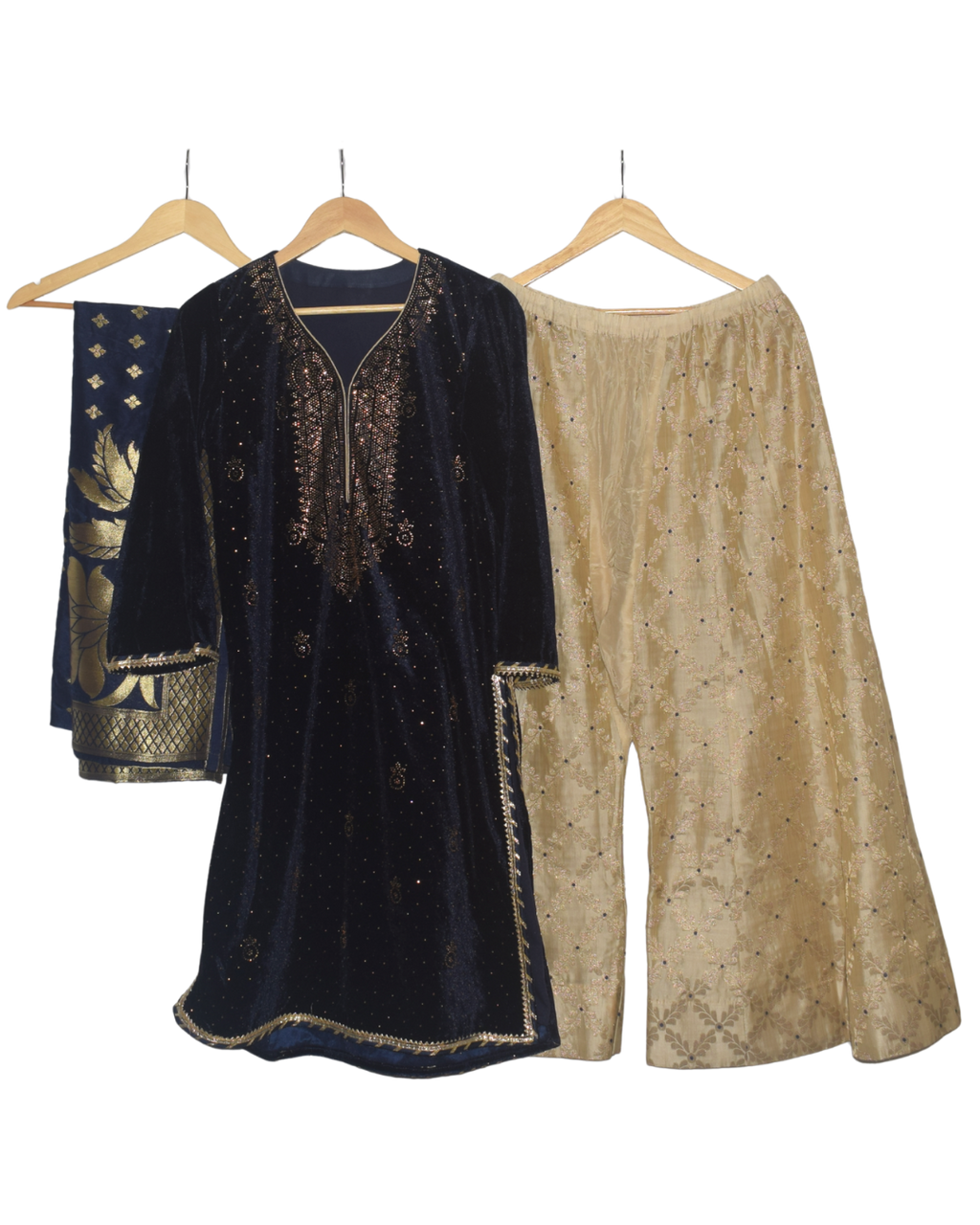 Midnight Blue Velvet Kurta with Gold Sharara & Dupatta