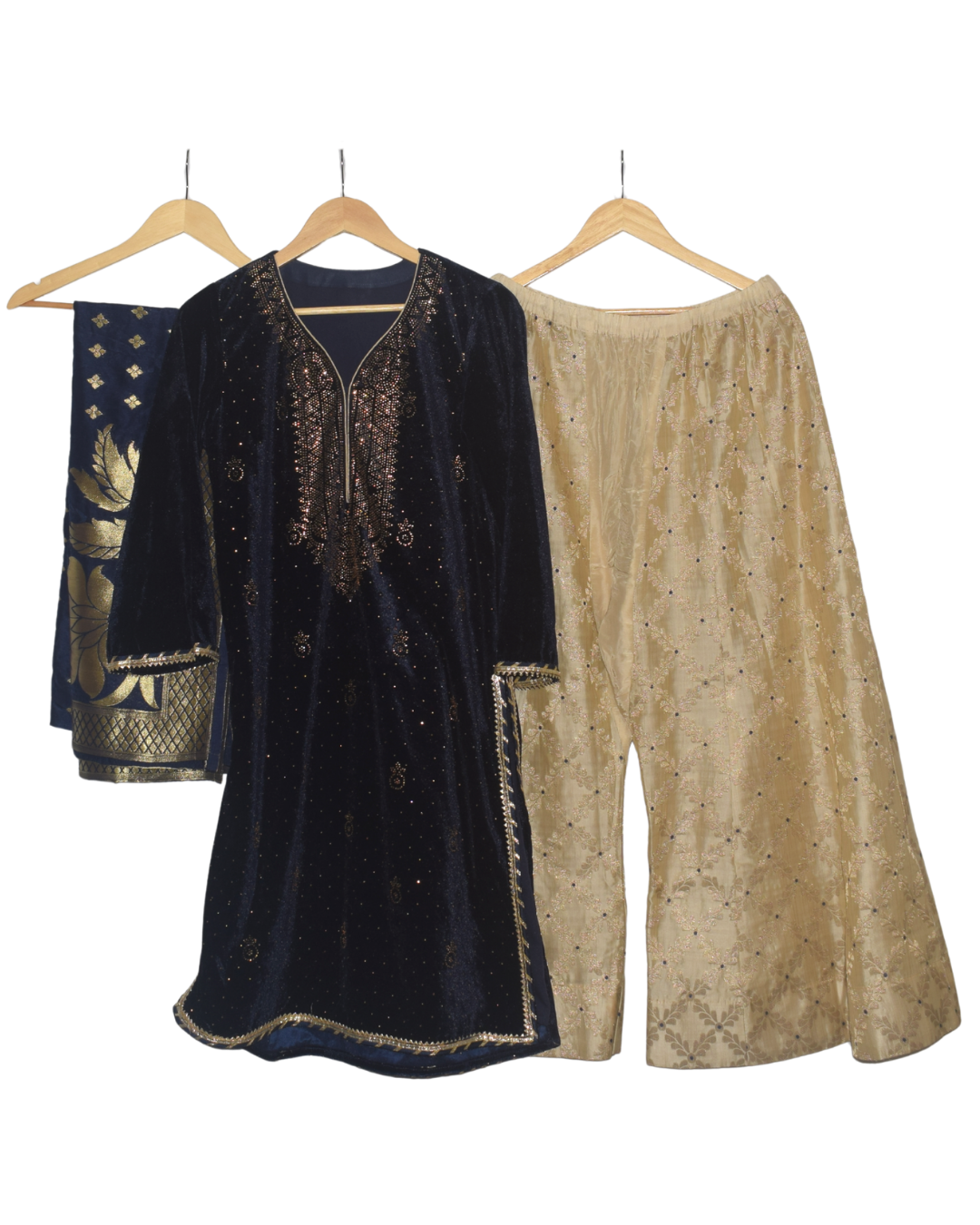 Midnight Blue Velvet Kurta with Gold Sharara & Dupatta