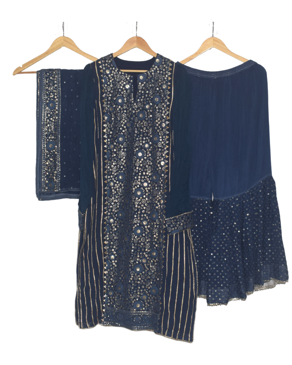Navy Blue Mirror Work Kurta with Sharara & Dupatta