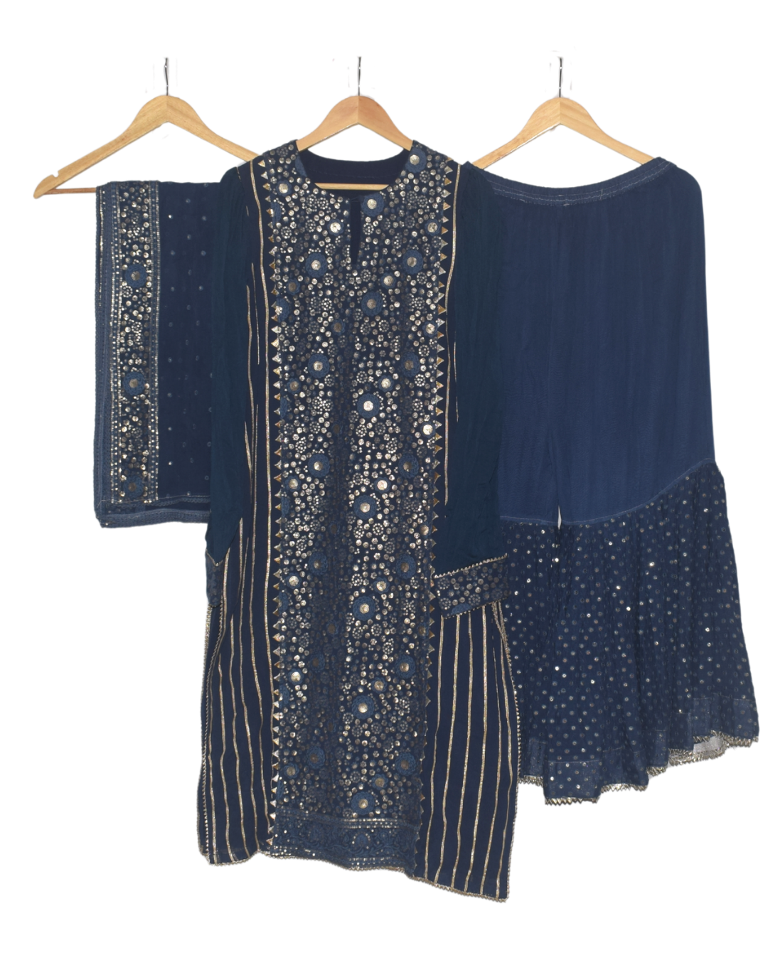 Navy Blue Mirror Work Kurta with Sharara & Dupatta