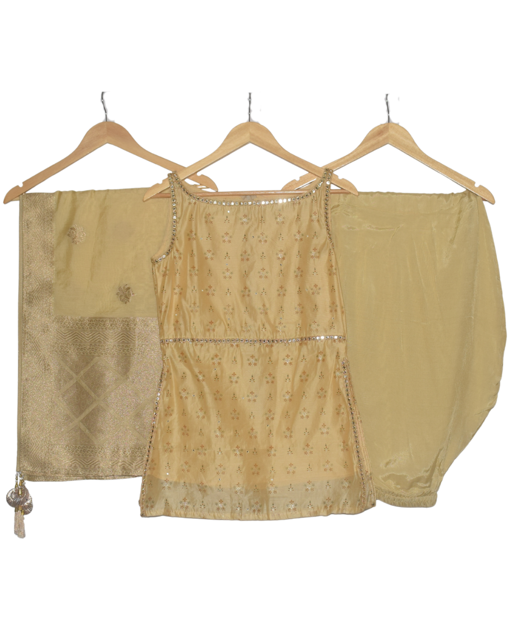 Golden Yellow Mirror Work Kurta with Dhoti Pants & Dupatta