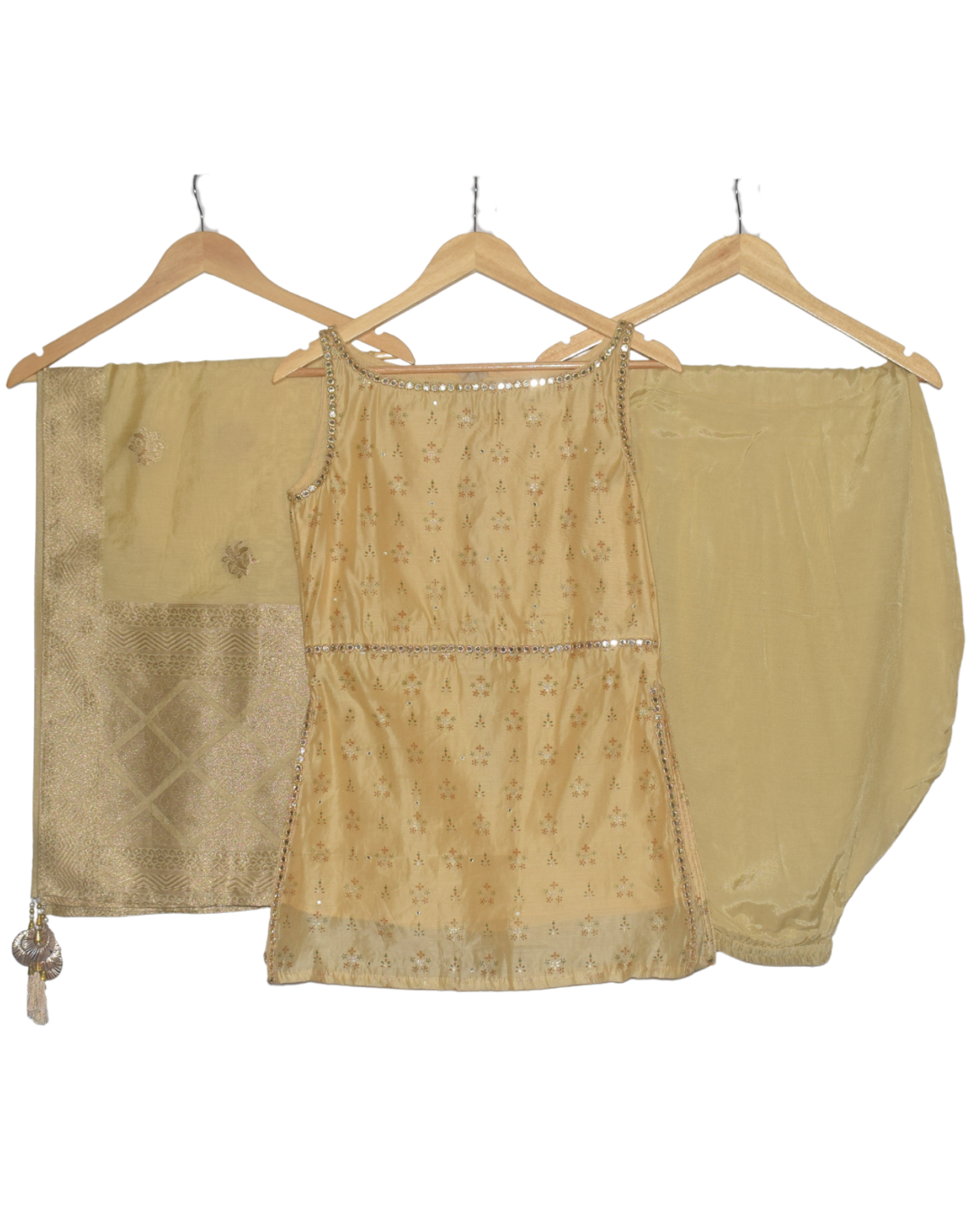 Golden Yellow Mirror Work Kurta with Dhoti Pants & Dupatta