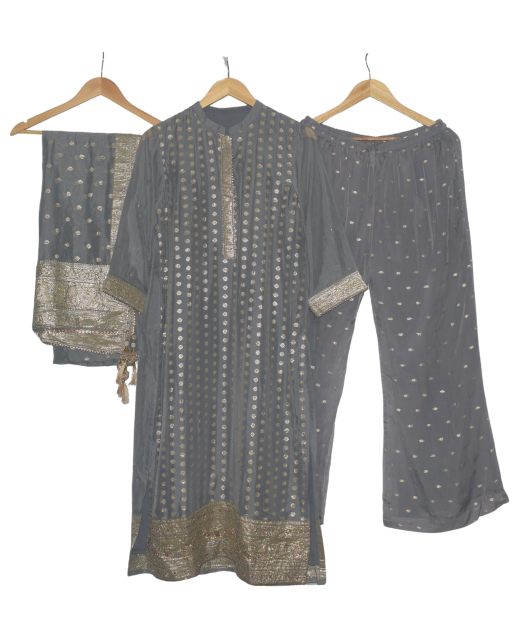 Charcoal Gray and Gold Motif Kurta Pant Set