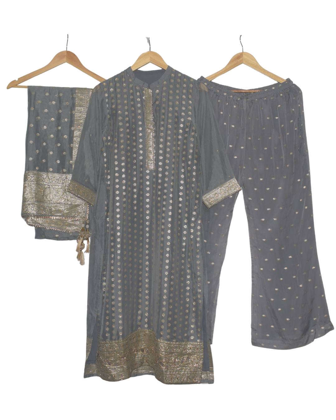 Charcoal Gray and Gold Motif Kurta Pant Set