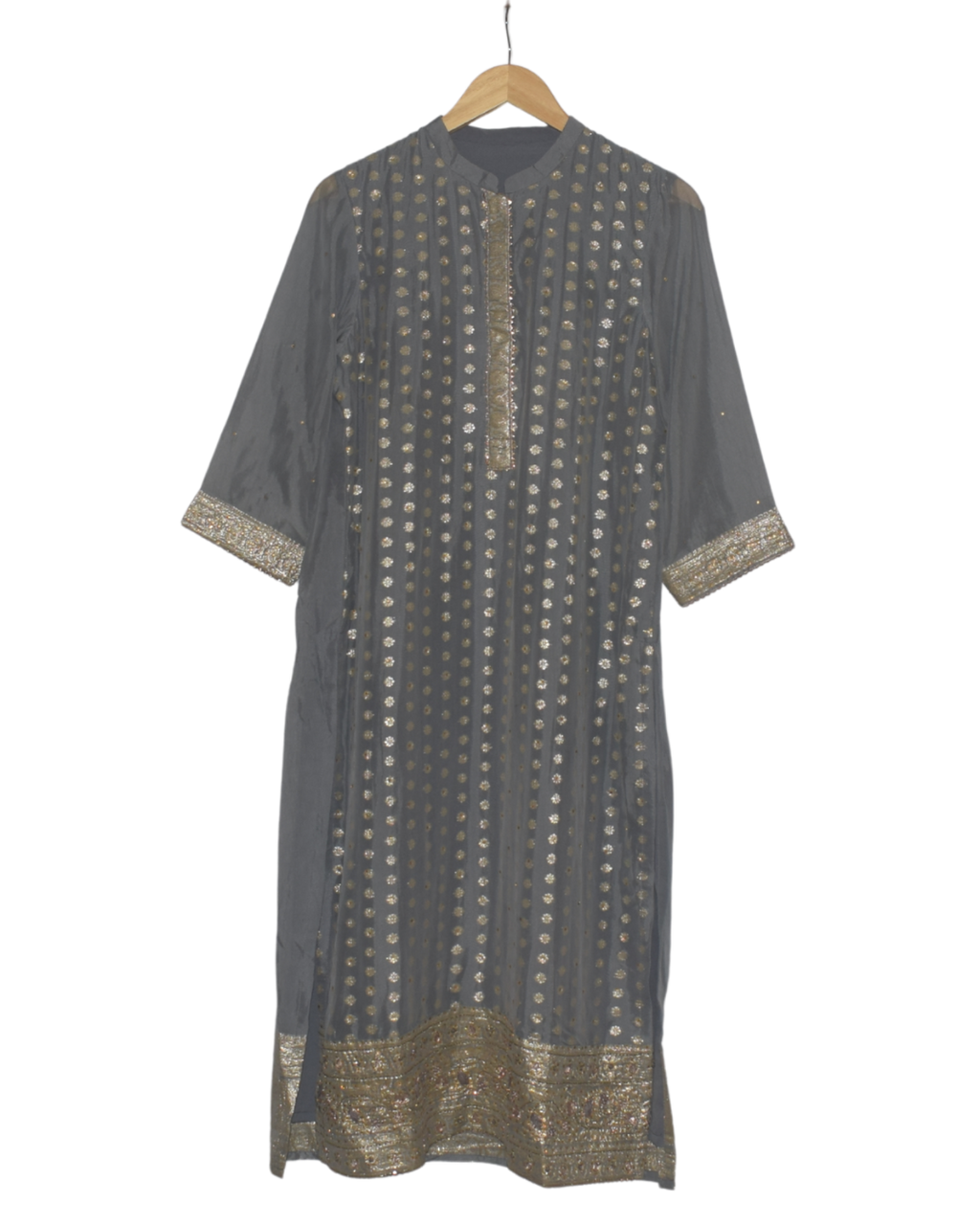 Charcoal Gray and Gold Motif Kurta Pant Set