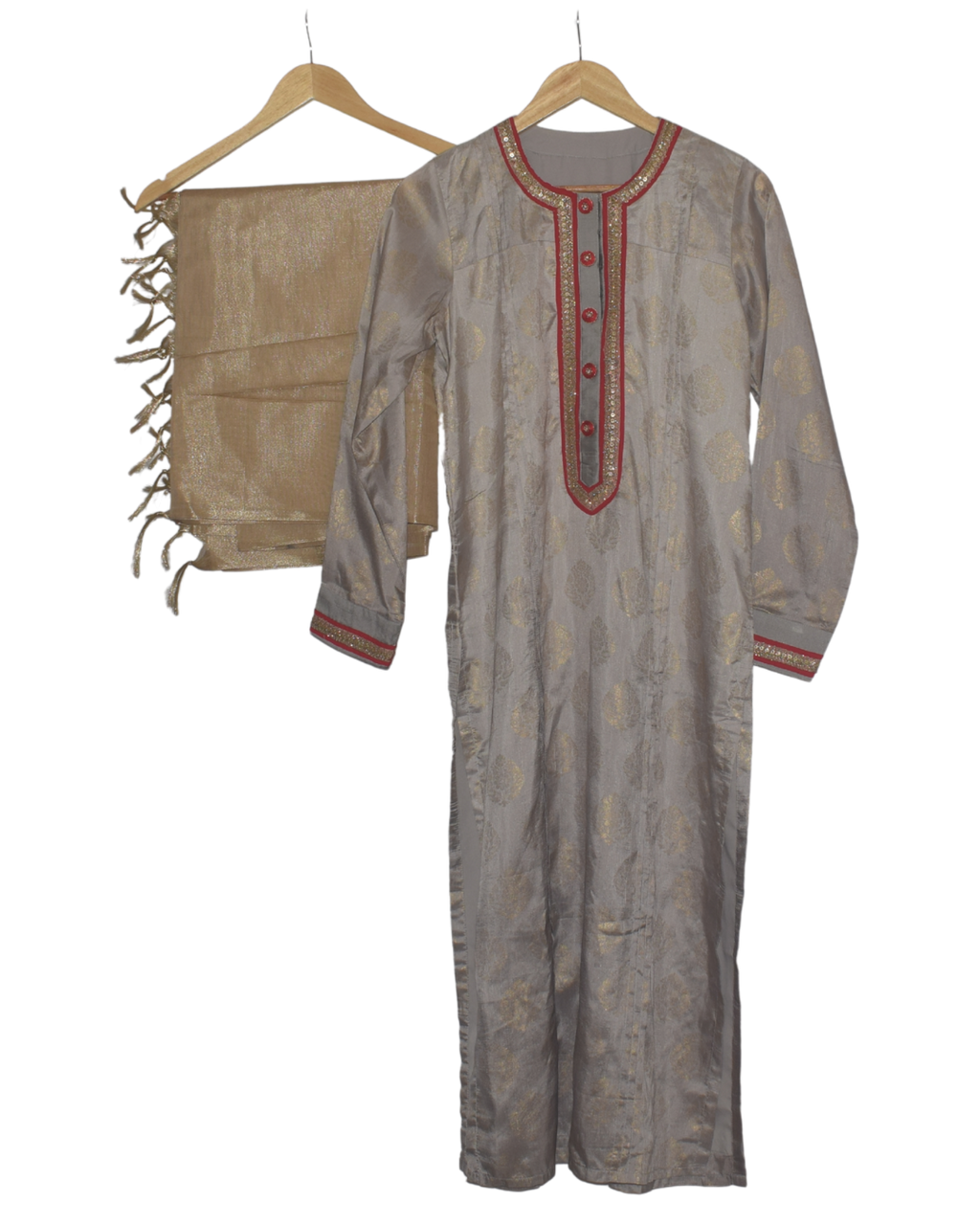 Gray Kurta with Gold Motif & Red Piping