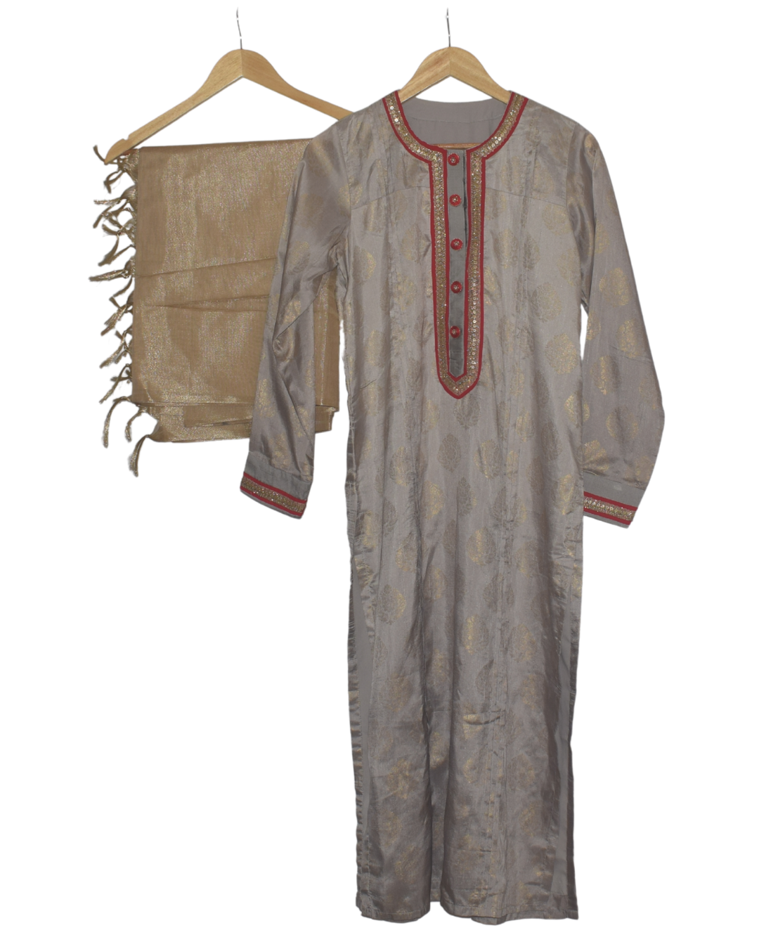 Gray Kurta with Gold Motif & Red Piping