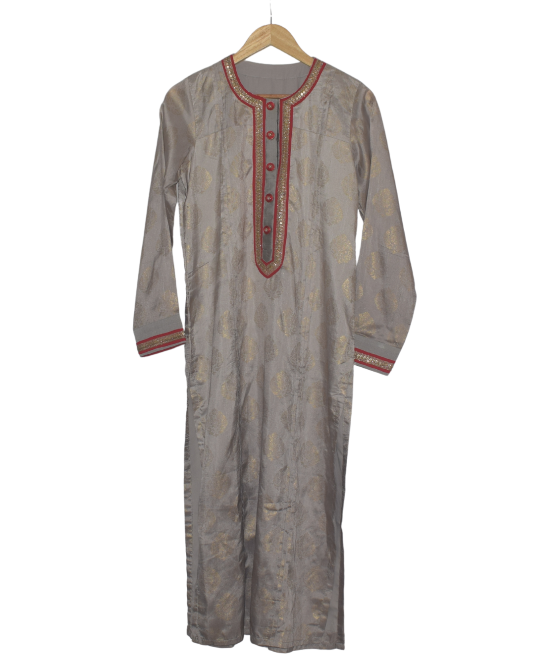 Gray Kurta with Gold Motif & Red Piping