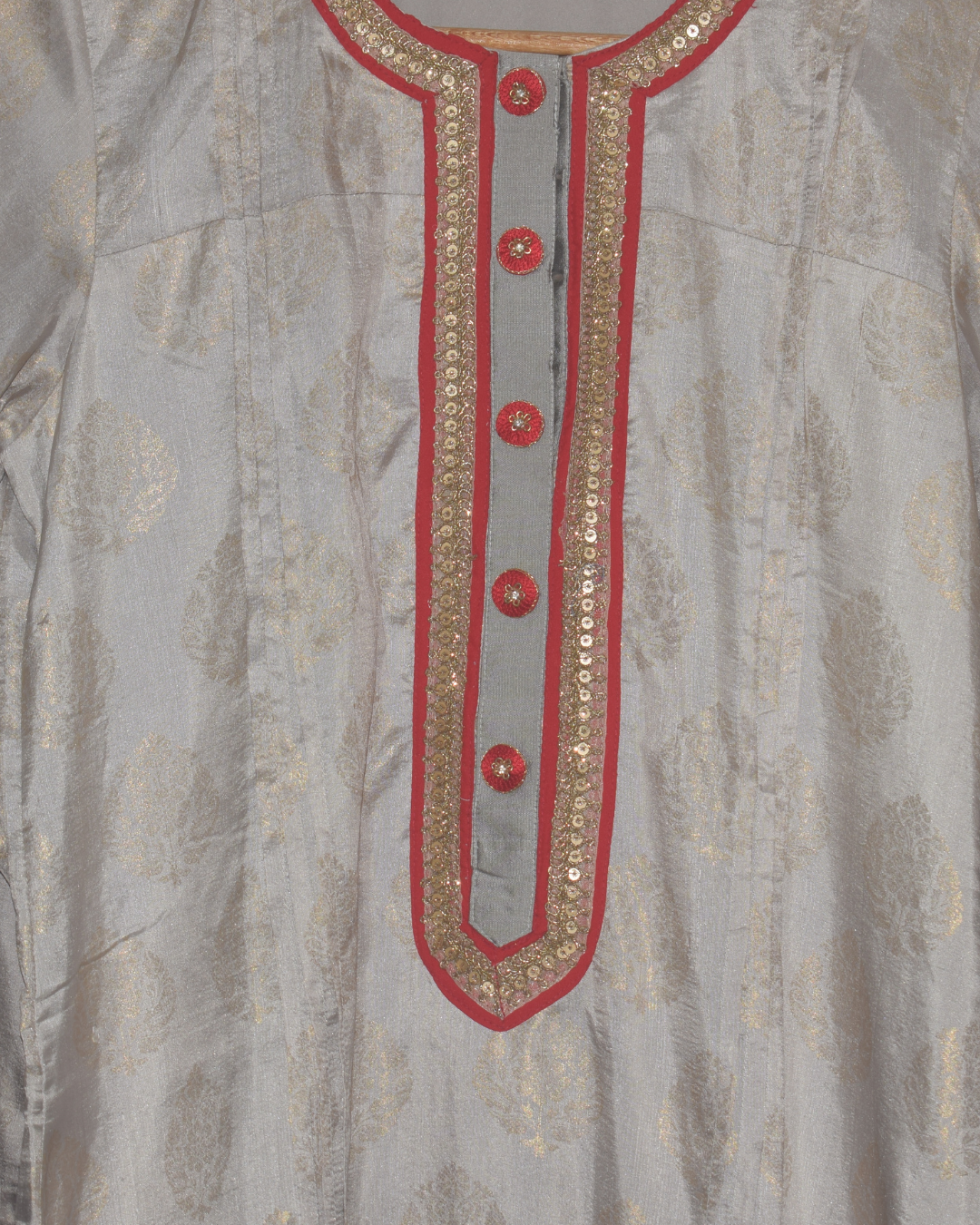 Gray Kurta with Gold Motif & Red Piping