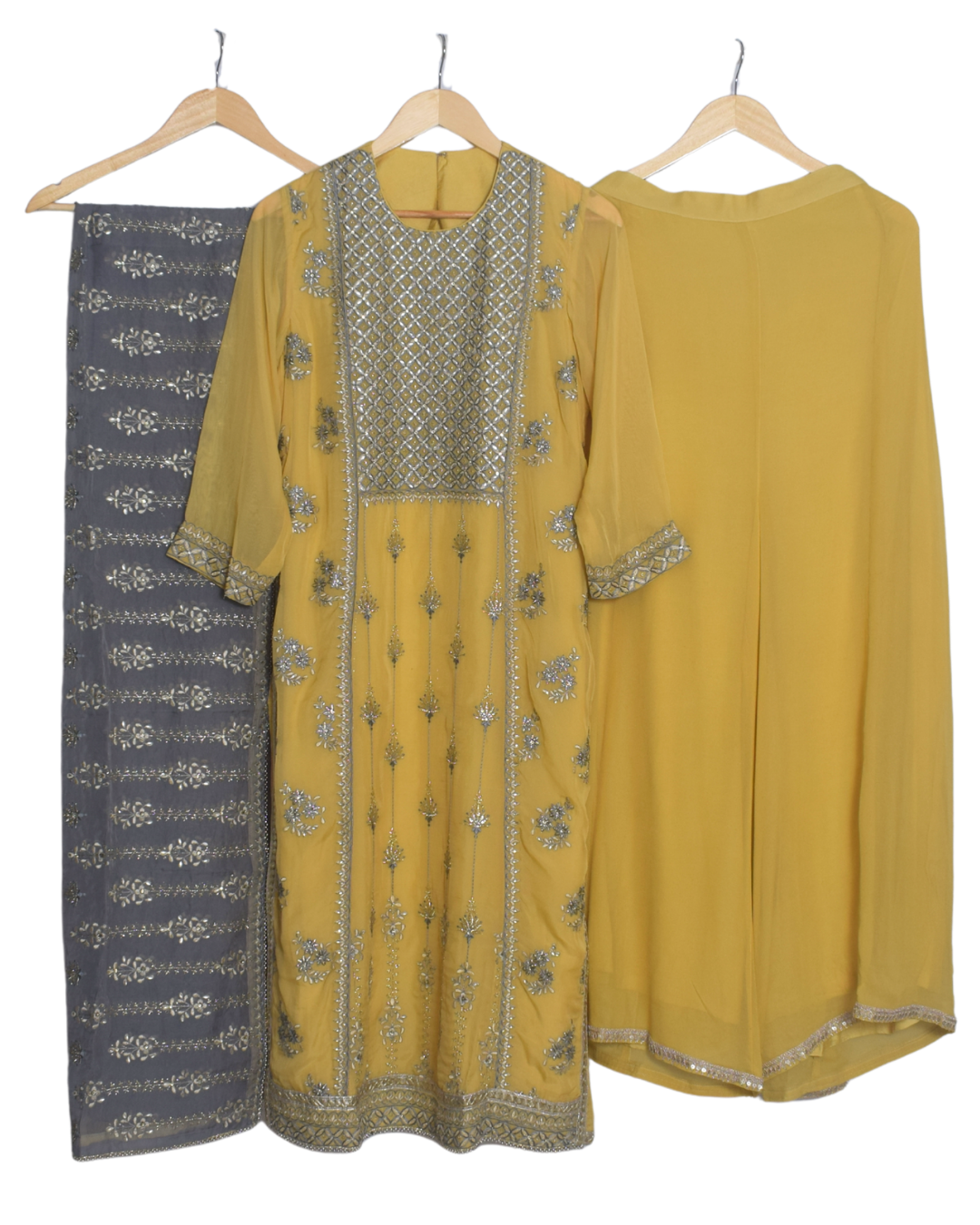 Yellow & Grey Embroidered Kurta Set