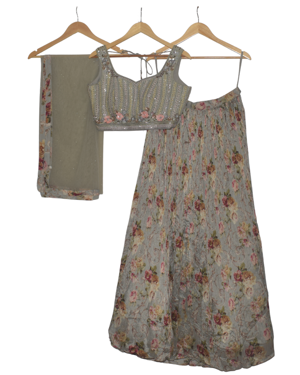 Gray Floral Print Crushed Lehenga Set