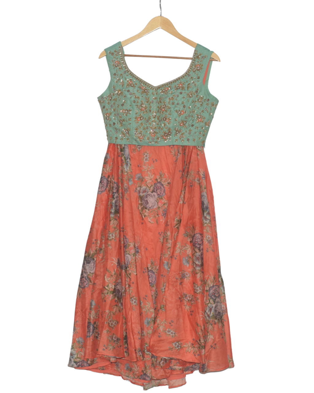 Mint & Orange Floral Print Lehenga Set with Jacket