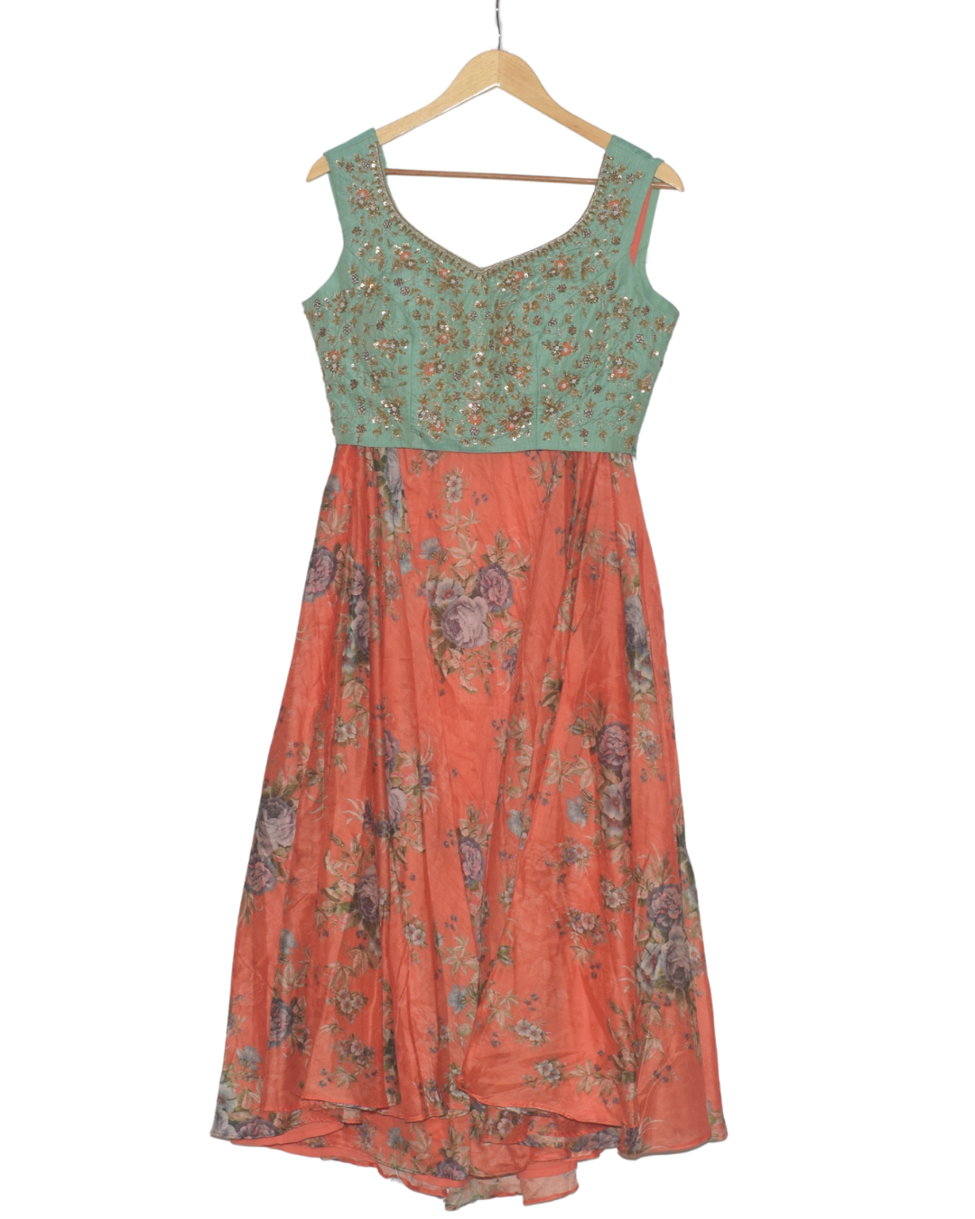 Mint & Orange Floral Print Lehenga Set with Jacket