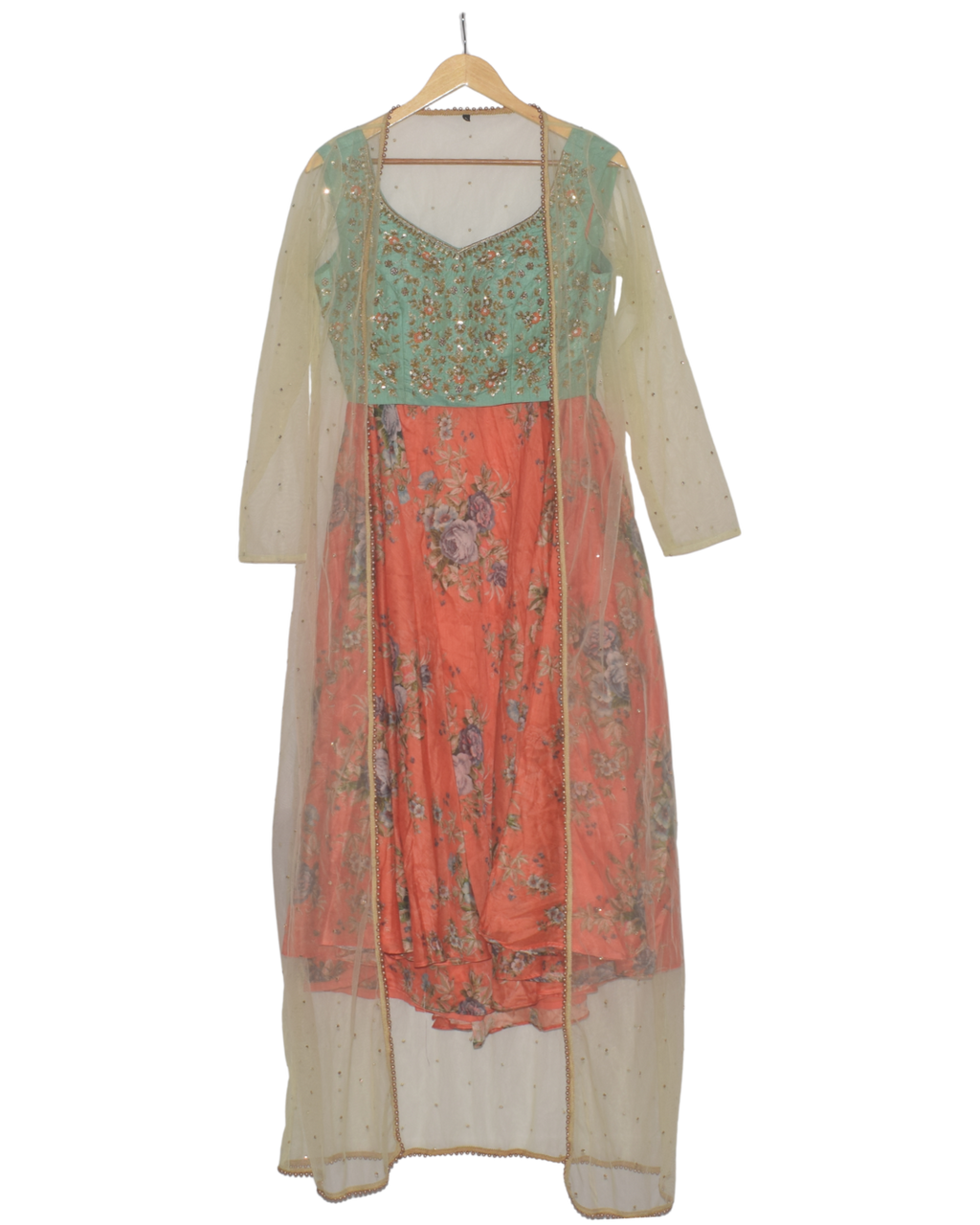 Mint & Orange Floral Print Lehenga Set with Jacket