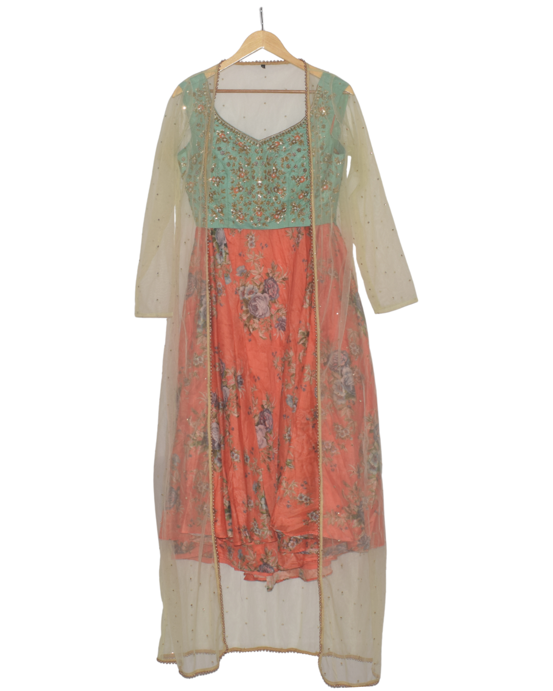 Mint & Orange Floral Print Lehenga Set with Jacket