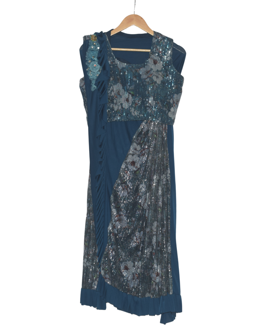 Teal Sequin Pre-Draped Saree