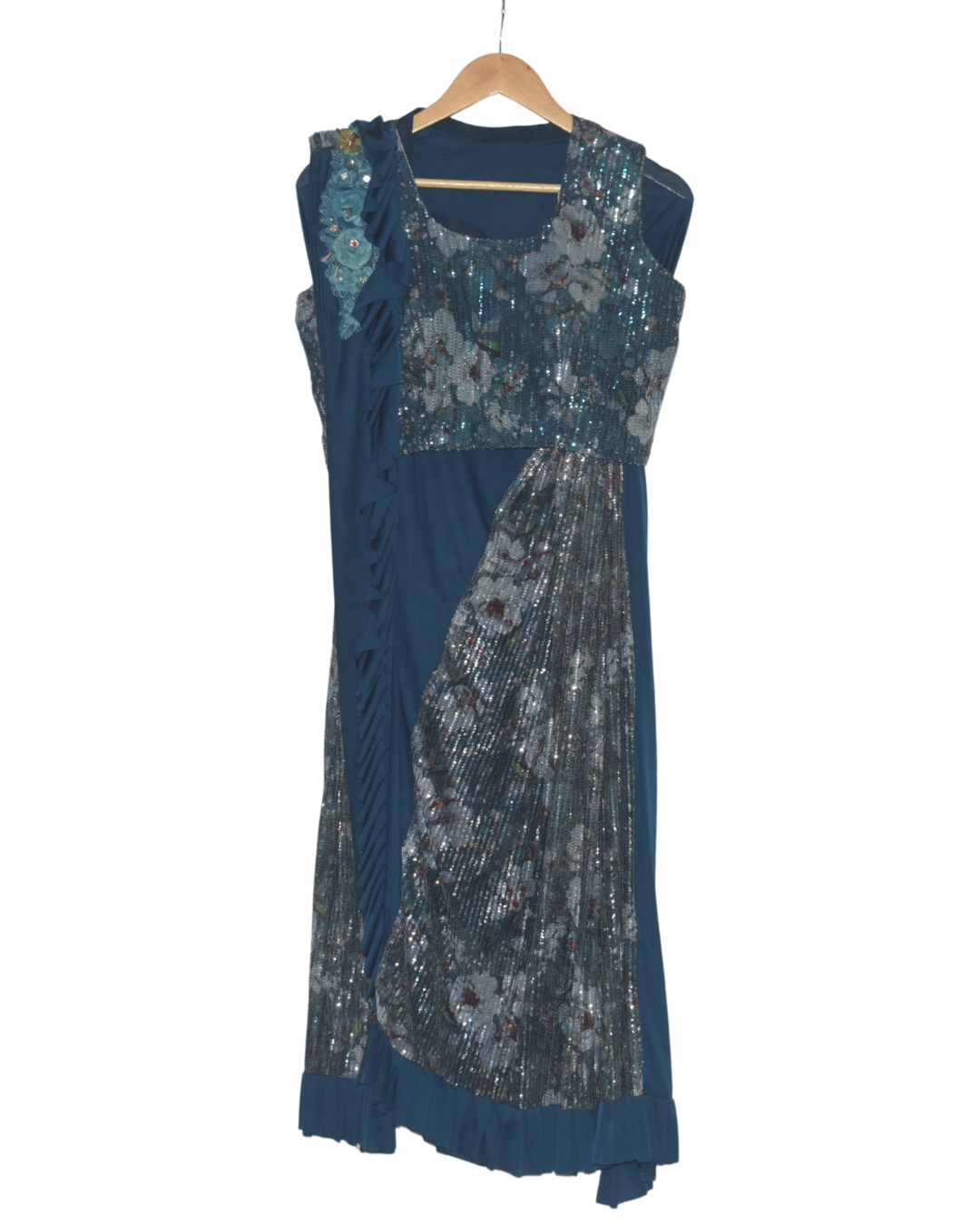 Teal Sequin Pre-Draped Saree