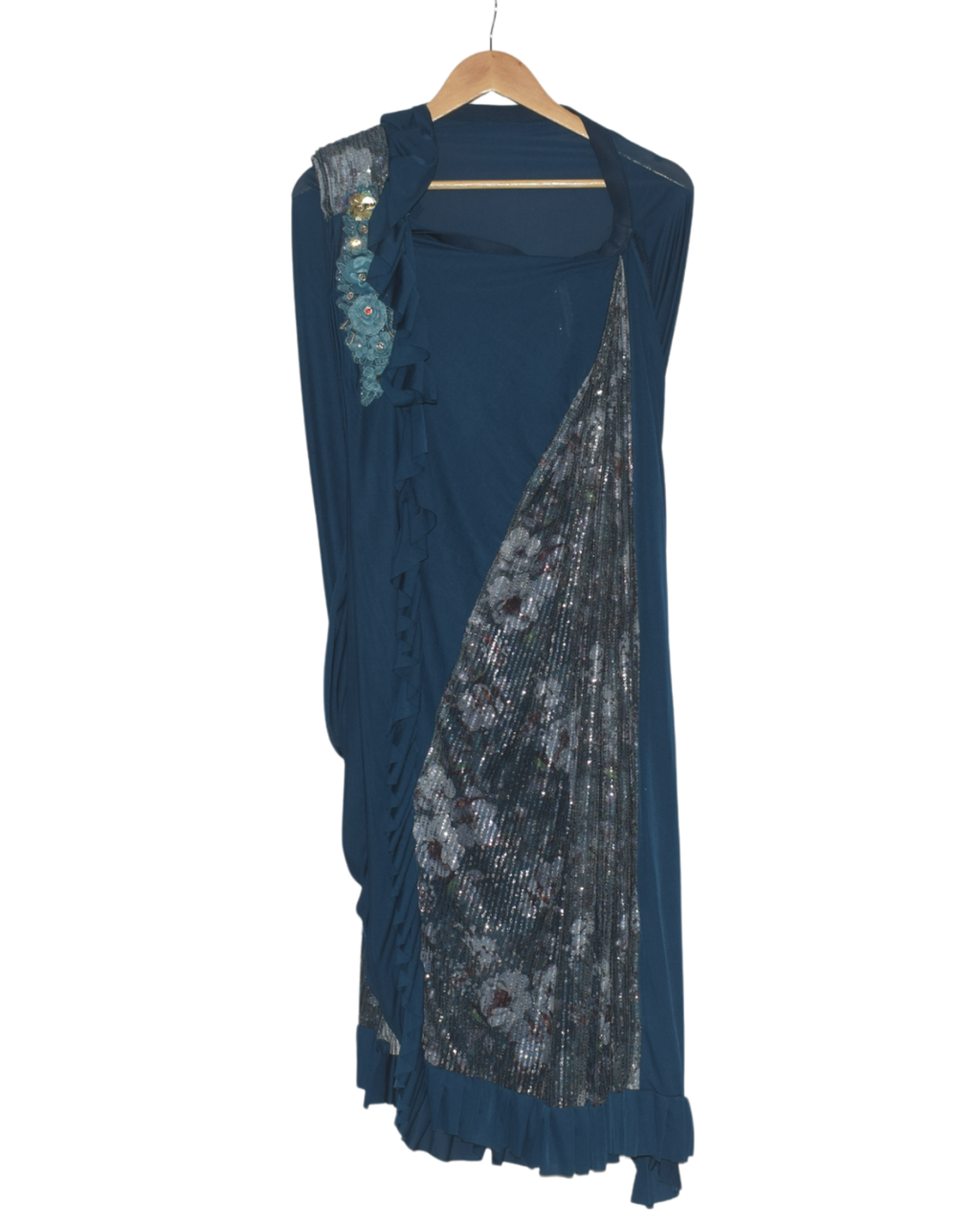 Teal Sequin Pre-Draped Saree