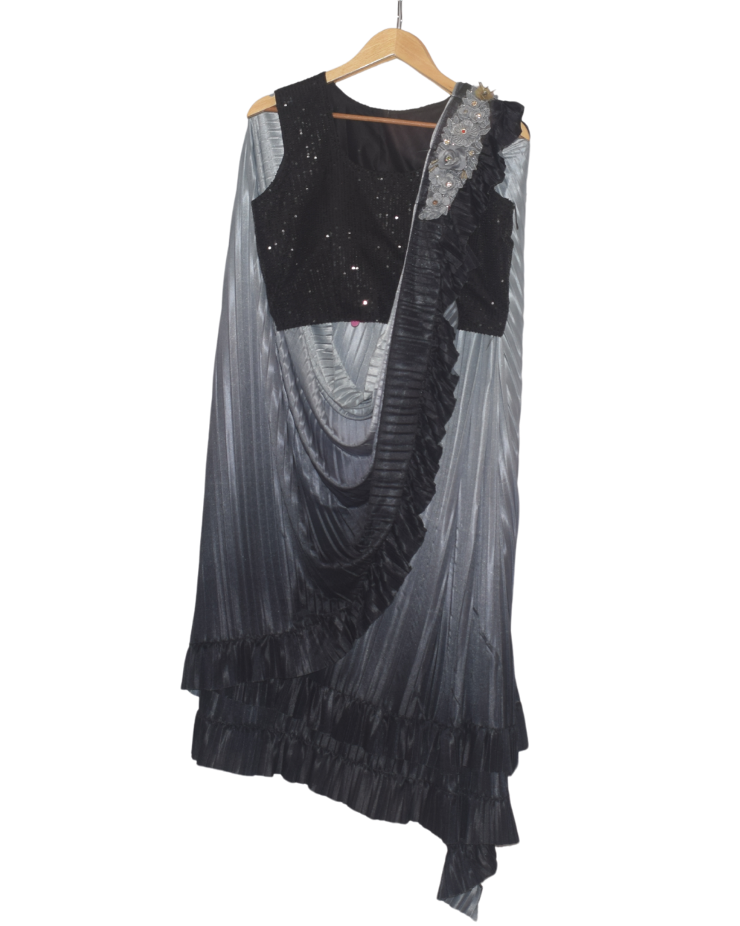 Black & Silver Sequin Pre-Draped Saree