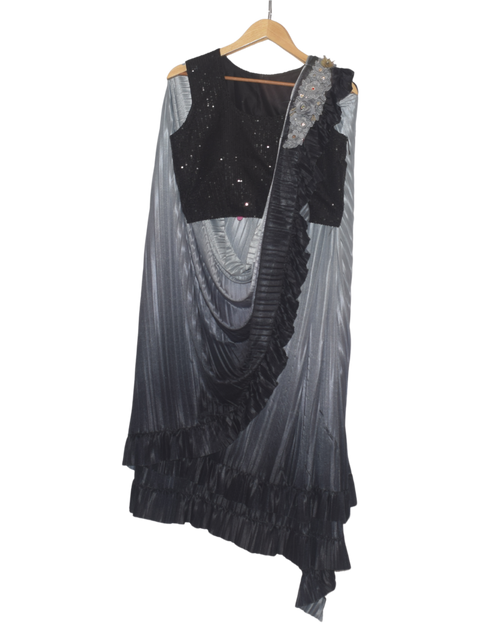 Black & Silver Sequin Pre-Draped Saree
