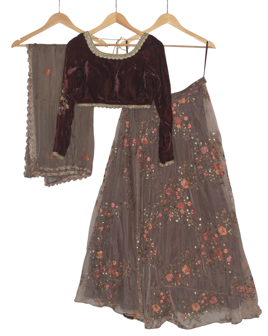 Maroon Velvet & Floral Lehenga Set