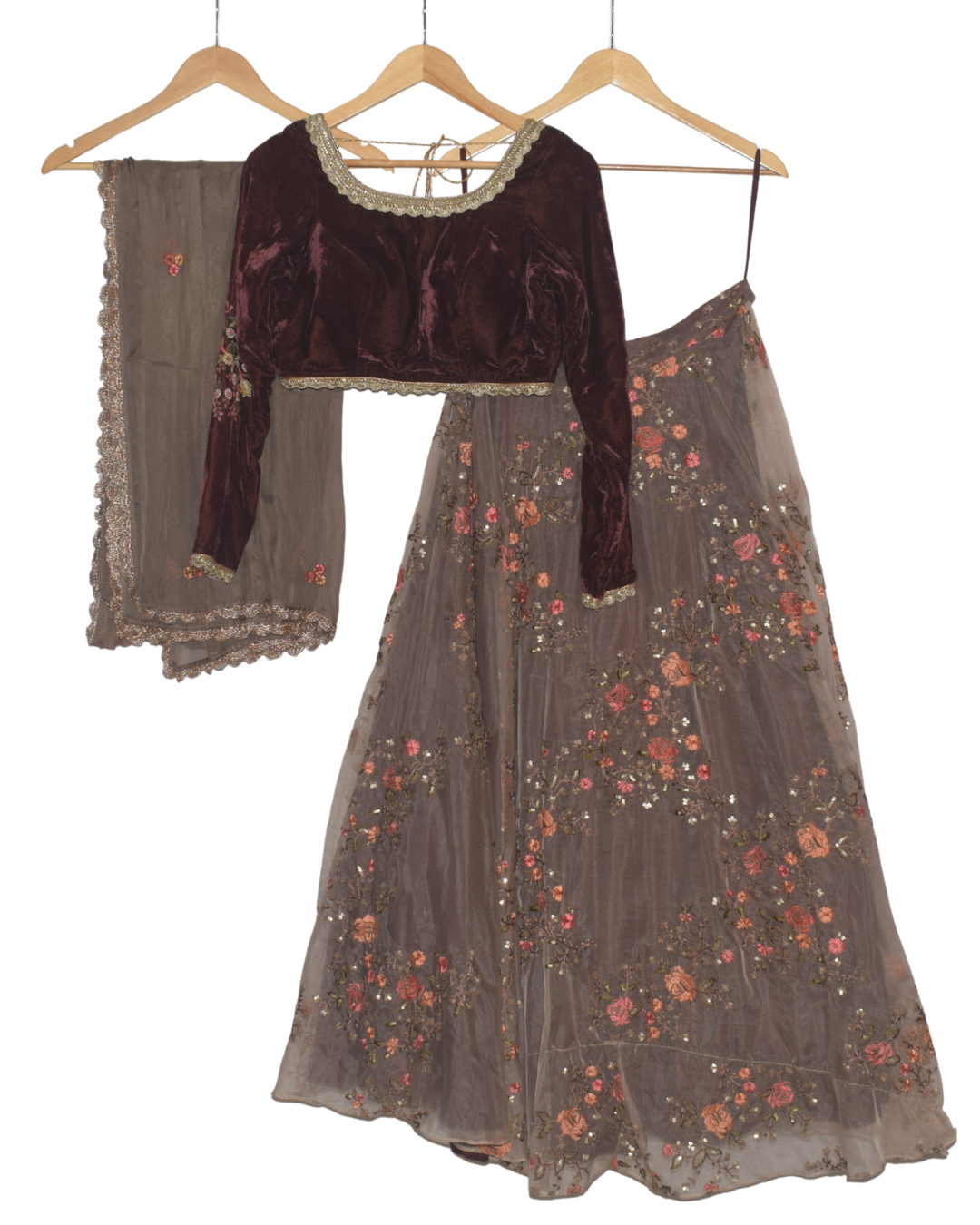 Maroon Velvet & Floral Lehenga Set