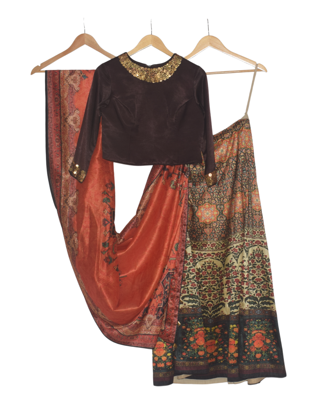 Rust & Brown Printed Lehenga Set with Embellished Blouse