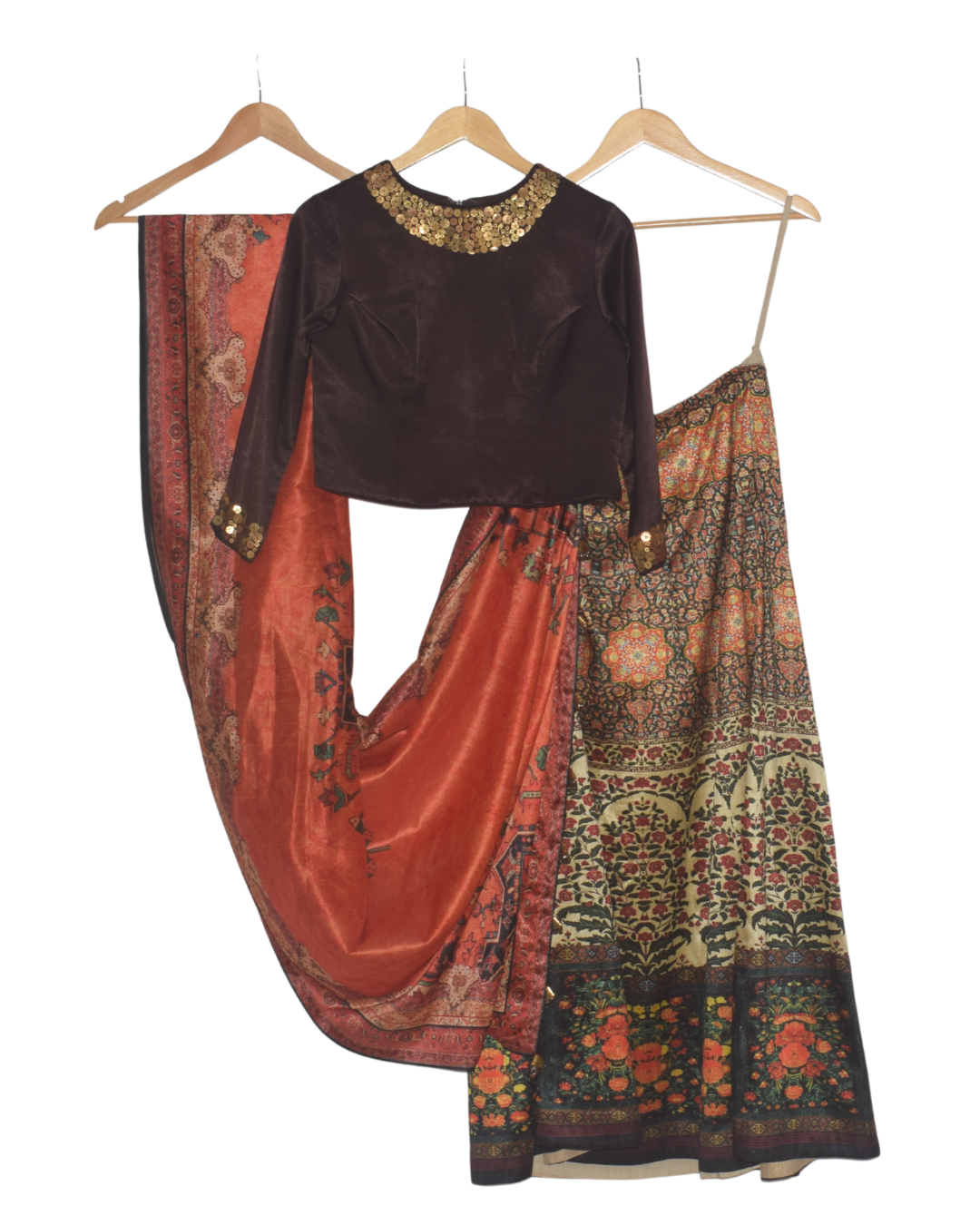 Rust & Brown Printed Lehenga Set with Embellished Blouse