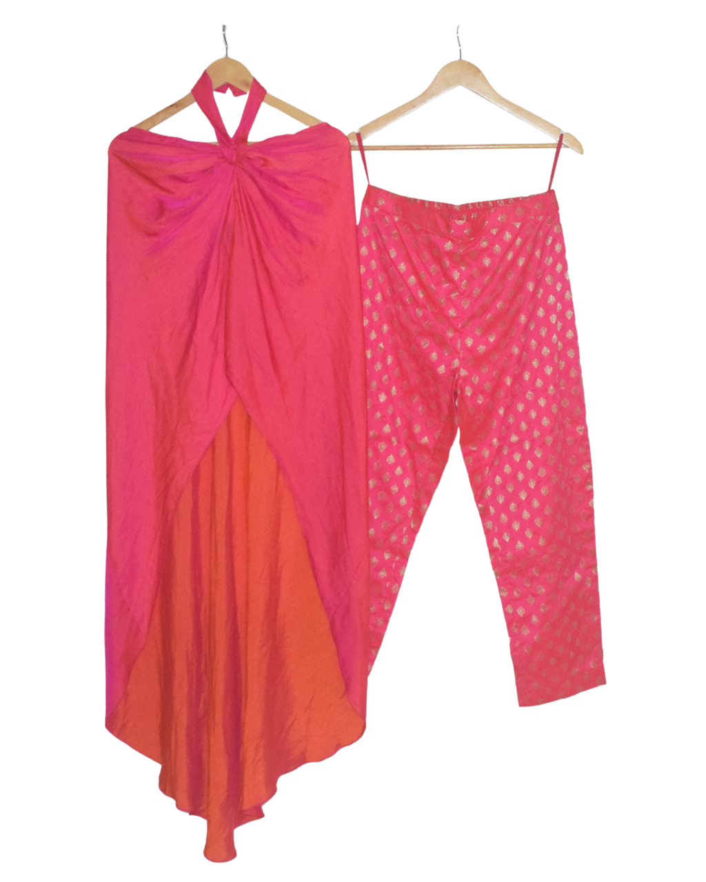 Pink & Orange Halter Kurta with Printed Pants Set