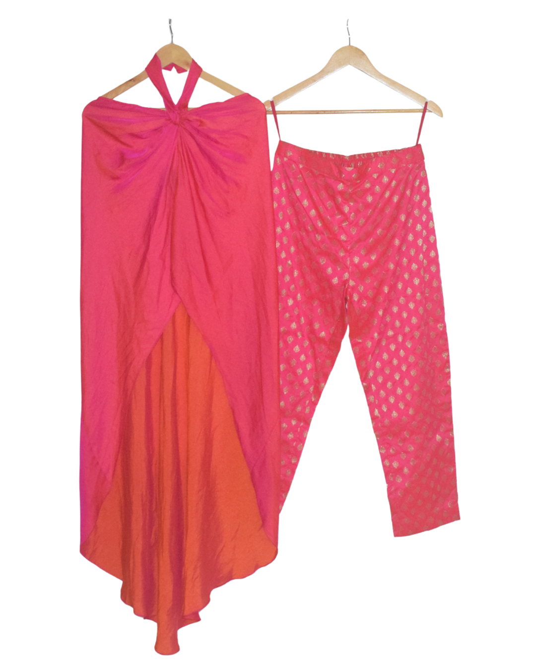 Pink & Orange Halter Kurta with Printed Pants Set