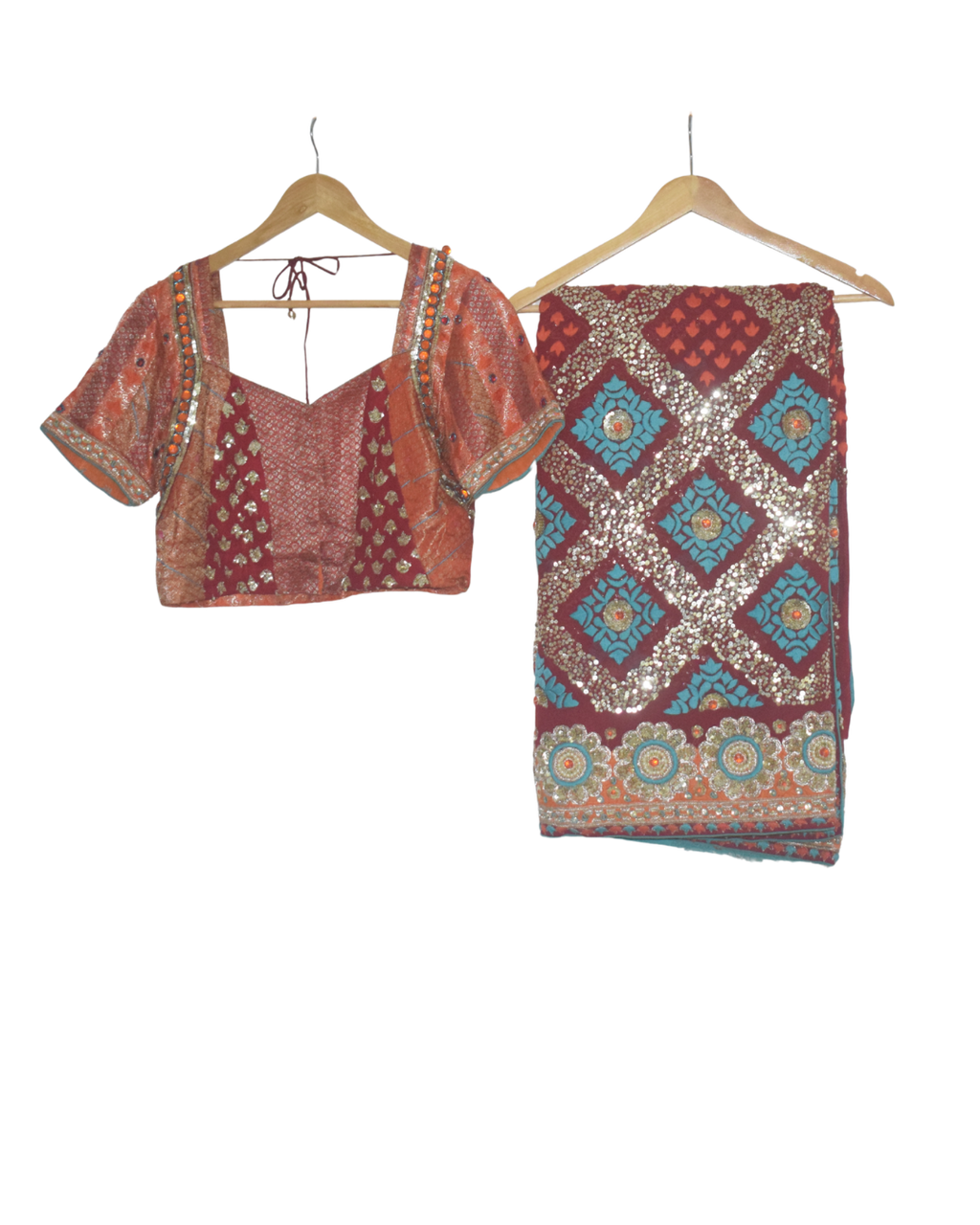Vintage Maroon & Teal Saree with Embellished Blouse
