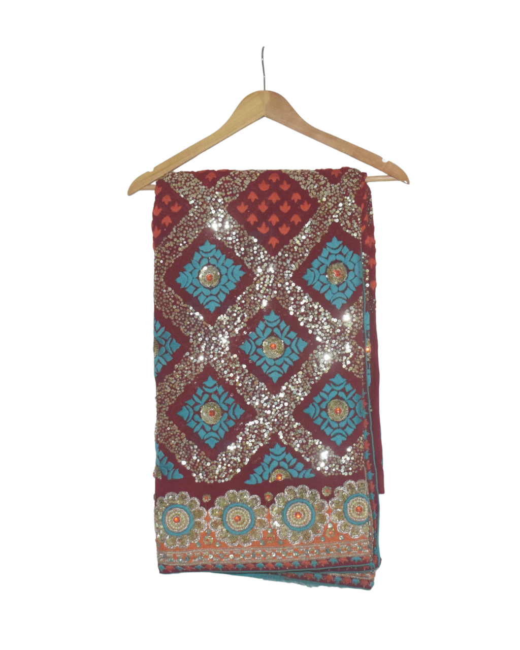 Vintage Maroon & Teal Saree with Embellished Blouse