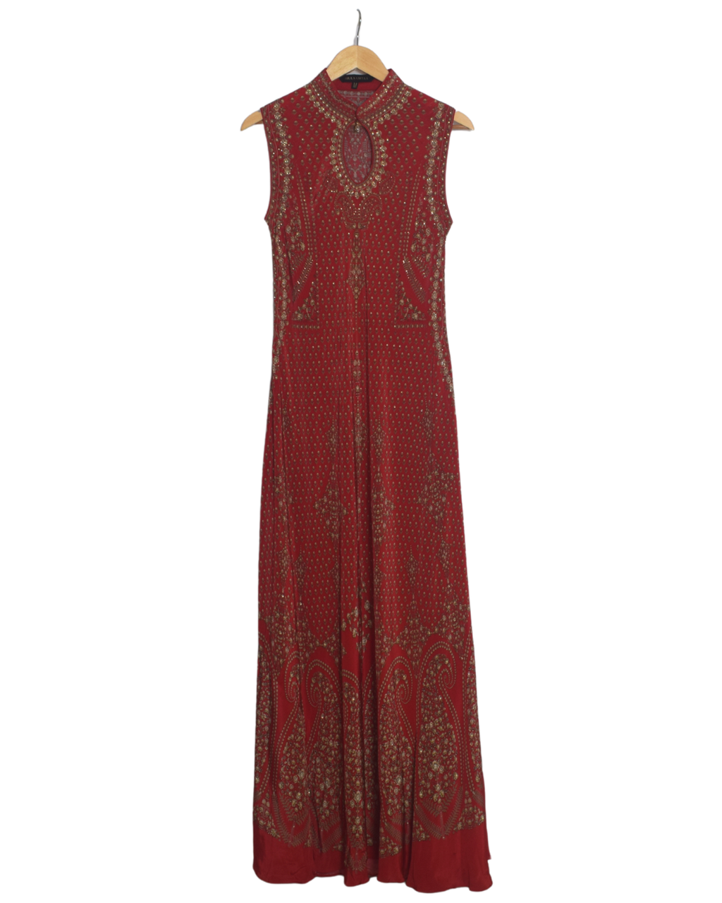 Red Floor-Length Ethnic Gown with High Neckline