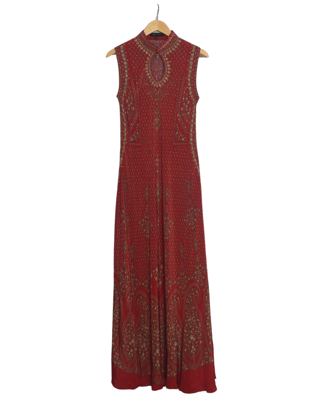 Red Floor-Length Ethnic Gown with High Neckline